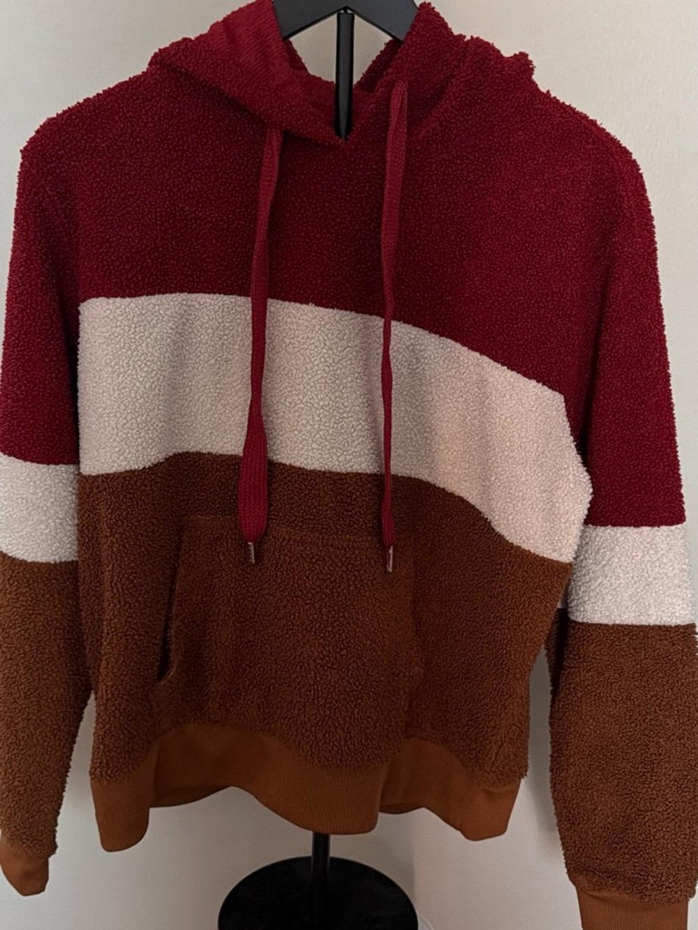Women’s Colorblock Sherpa Hoodie Sweater - Burgundy, Cream & Brown